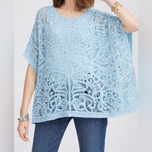 Chico’s Crochet Lace Poncho Top | Aqua Blue-Green | S/M | NWT with callout